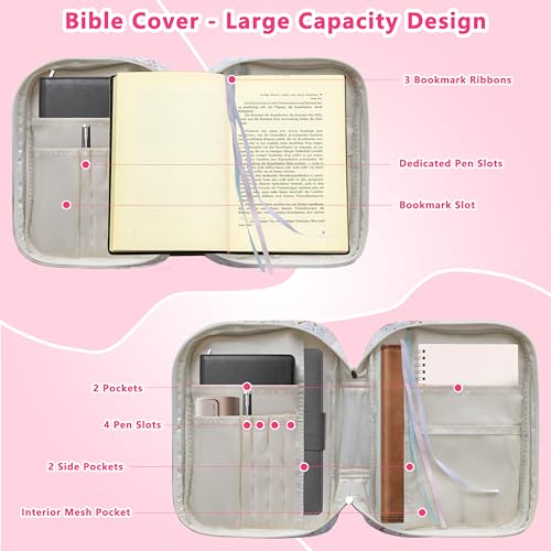CasaRovela Bible Cover for Women, Large Quilted Case with Handle, Durable Bag and Carrying Case for Girls, Study Supplies Accessories, Christian Gift for Women (Spliced Flower, Large)