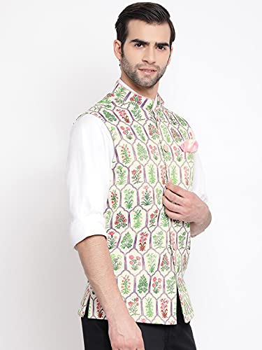 Image of VASTRAMAY Mens Silk Blend Nehru Jacket - Timeless Style & Versatility | Digital Floral Printed Ethnic Sleeveless Coat for Formal & Casual Wear