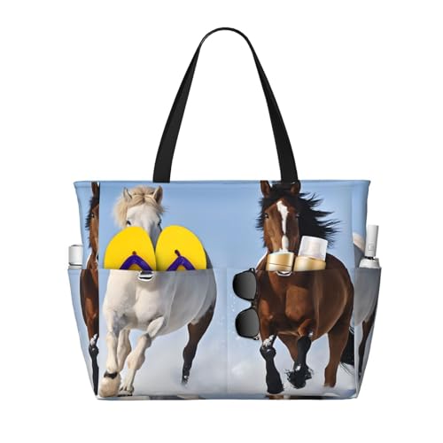 (Black and White Horses Running) Large Beach Tote Bag for Women Waterproof Sandproof Travel Shoulder Bag with Pocket for Pool Vacation Weekend Gym