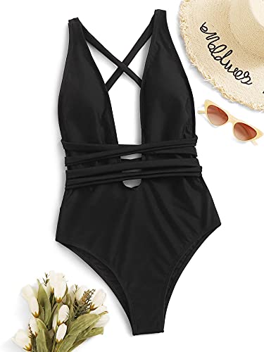 Sweatyrocks Women's Sexy Basic Criss Cross Tie Knot Front Deep V Open Back One Piece Swimwear Z#Black M #TOP3