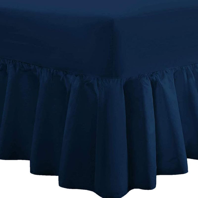 DTEX HOMES Frilled Valance 4ft Deep Fitted Sheet 40cm Drop Soft Microfiber Stylish Breathable & Durable(Navy Blue-4ft Small Double)