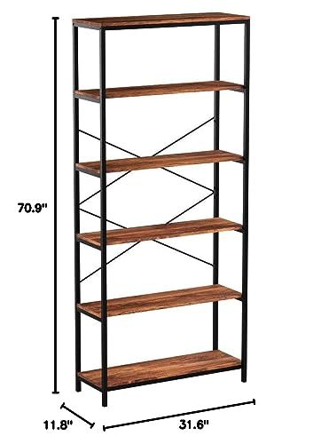 6 Tier Industrial Bookshelf 71" Tall Open Bookshelves And Bookcases Vintage Standing Storage Shelf Freestanding Display Shelf For Living Room Bedroom-Black Metal Frame & Wood(Us Stock) #TOP7