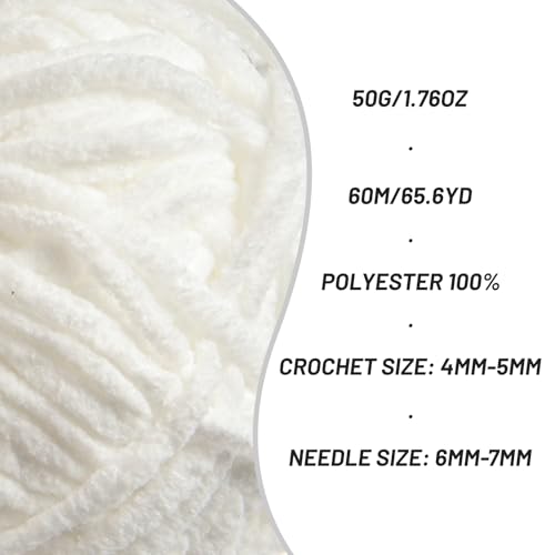 Image of 3 Packs Plush Chenille Chunky Crochet Yarn - Baby Yarn for Crocheting Soft - Velvet Yarns Knitting for Blankets Crafts - Fluffy Amigurumi Yarns 150g / 196.8yds (3 Snow White)