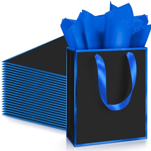Image of Yeaqee 24 Pack Metallic Paper Gift Bags, Black, Blue | with Satin Ribbon Handle and Tissue, 9x7x3.1 Inch, Suit Business, Birthday, Christmas, Thank You Return Gifts Bags