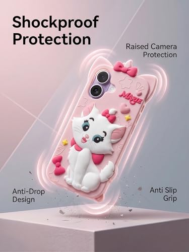 Image of amazon basics Luxury 3D Marie Cat Pink Silicone Case for iPhone 17 | Cute Cartoon Soft Back Cover | Shockproof Kawaii Designer Cover for Girls & Women