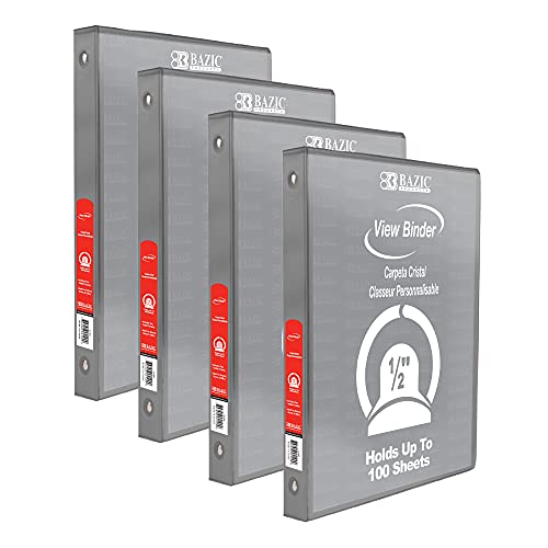 Image of BAZIC Products 1 /2 inch Grey 3-Ring View Binder, Round Ring, 2 Pockets, 4-Pack | round rings, 1 /2 in Grey view 3-ring binder, 2 inside pockets, holds up to 100 sheets, Durable poly cover