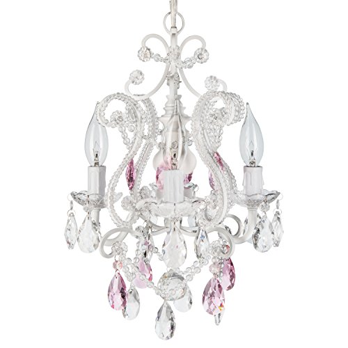 Amalfi Decor 4 Light LED Crystal Beaded Chandelier, Mini Wrought Iron Pink K9 Glass Pendant Light Fixture Contemporary Nursery Kids Room Dimmable Plug in Hanging Ceiling Lamp, White