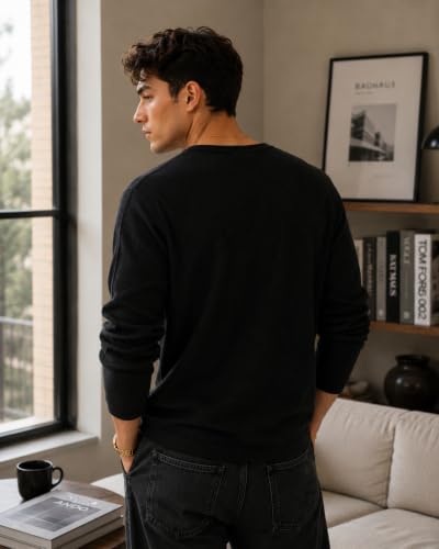 Image of NETCLICK Men's Textured Fabric Solid Half-Open Collar T-Shirt | Full Sleeve, Casual