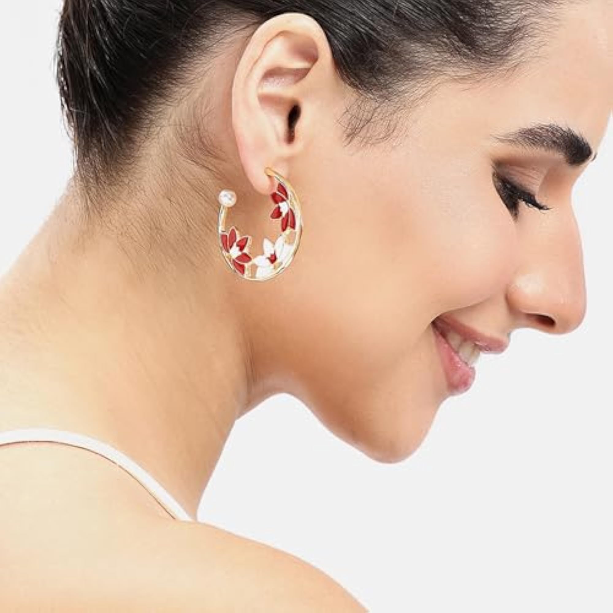 Women's Stylish Half Hoop Red Lotus Earrings