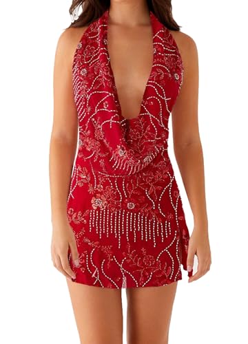 Image of Women Halter Low Neck Mini Dress Sexy Cutout Sleeveless Boho Short Dresses Open Back Night Party Going Out Sundress