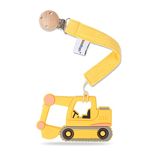 Image of AmazingM Baby Food Grade Silicone Car Teether Toy with Pacifier Clip Holder,Teething Pain Relief Toys Gift Set for 3 Months+ Boys and Girls,Freezer Safe,BPA Free (Excavator, Yellow)