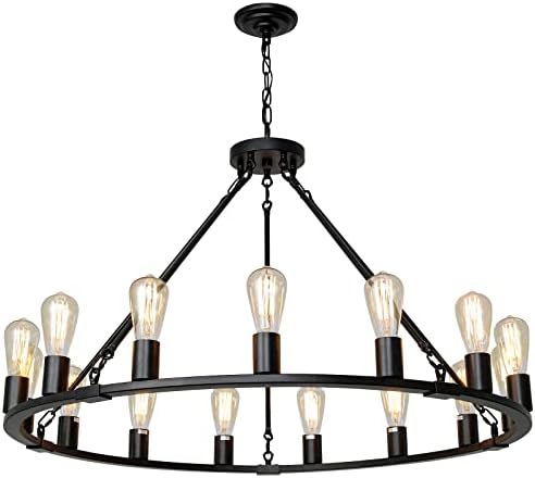 Senyshilon Wagon Wheel Chandelier 15-Light Farmhouse Chandelier, Dia 40'' Black Modern Chandeliers for Dining Room, Industrial Dining Room Light Fixture for Kitchen Island Bedroom Living Room Foyer