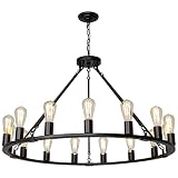 Senyshilon Wagon Wheel Chandelier, 15 Light Black Farmhouse Chandeliers for Dining Room, Dia 40'' Industrial Dining Room Light Fixture for Kitchen Island Living Room Foyer