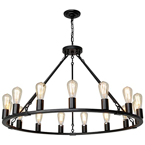 Senyshilon Wagon Wheel Chandelier, 15 Light Black Farmhouse Chandeliers for Dining Room, Dia 40'' Industrial Dining Room Light Fixture for Kitchen Island Living Room Foyer by Senyshilon - Used condition - US$139.31