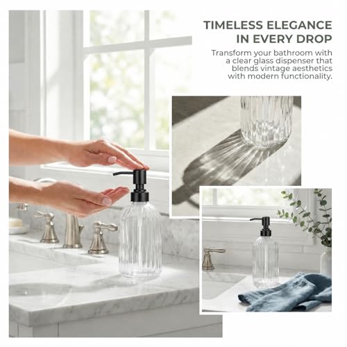Image of Clear Glass Soap Dispenser | with Matte Black 304 Rustproof Stainless Steel Pump 18oz for Kitchen and Bathroom Hand Soap Dispenser Bottle