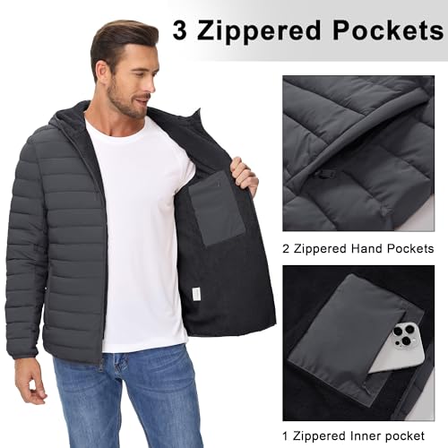 Image of Cotrasen Mens Puffer Jacket Sherpa Lined Water Resistant Hooded Full Zip Mid-Weight Warm Insulated Winter Coat