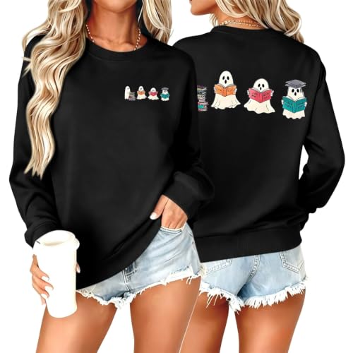 Womens Cute Ghost Plant Crewneck Sweatshirt Front‑Back Print Halloween Top - image 2