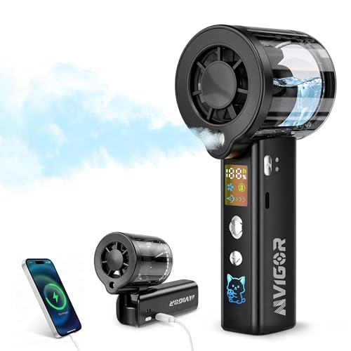 AIVIGOR Portable Handheld Fan with Cooling Mist, 30000 RPM High Speed Turbo Personal Fan with Adjustable Speeds, 3000mAh Rechargeable Mini Misting Fan with LED Display for Travel Outdoor Makeup, Black