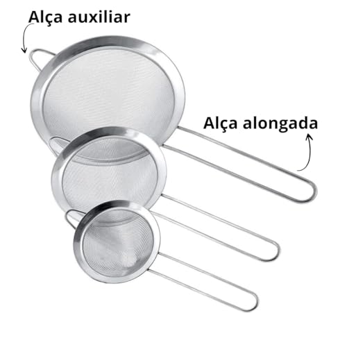kit Conjunto 3 Peneiras em Aço Inox Resistente 12/13,8/17,8cm Durável Coar Polvilhar com Suporte par