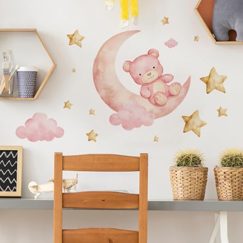 Vinilos decorativos oso rosa y luna con estrellas doradas miniatura 5