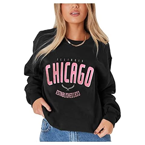 Candid Styles Oversized Sweatshirt With CHICAGO Letter Detail Baggy Fleece Outwear Long Sleeve Printed#( Black # UK 14 Cover