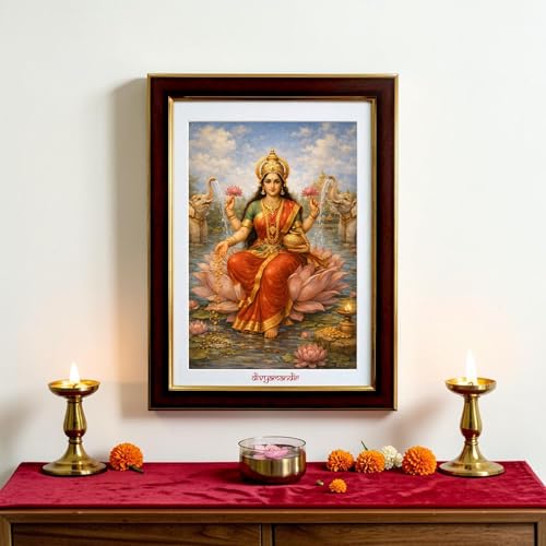 Image of divyamandir Lakshmi Maa Framed Wall Art (18 x 14 Inches) | Traditional Hindu Goddess Painting with Glass Frame | Decorative Photo Frame for Home, Pooja Room & Office Decor (Lakshmi Maa)