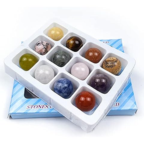 NganSuRong 12Pcs Assorted Crystal Healing Gemstone Mix Spheres Stone Ball 18-20mm Mineral Tumble Reiki Decor Collection Natural Chakra Quartz Ornaments Cover