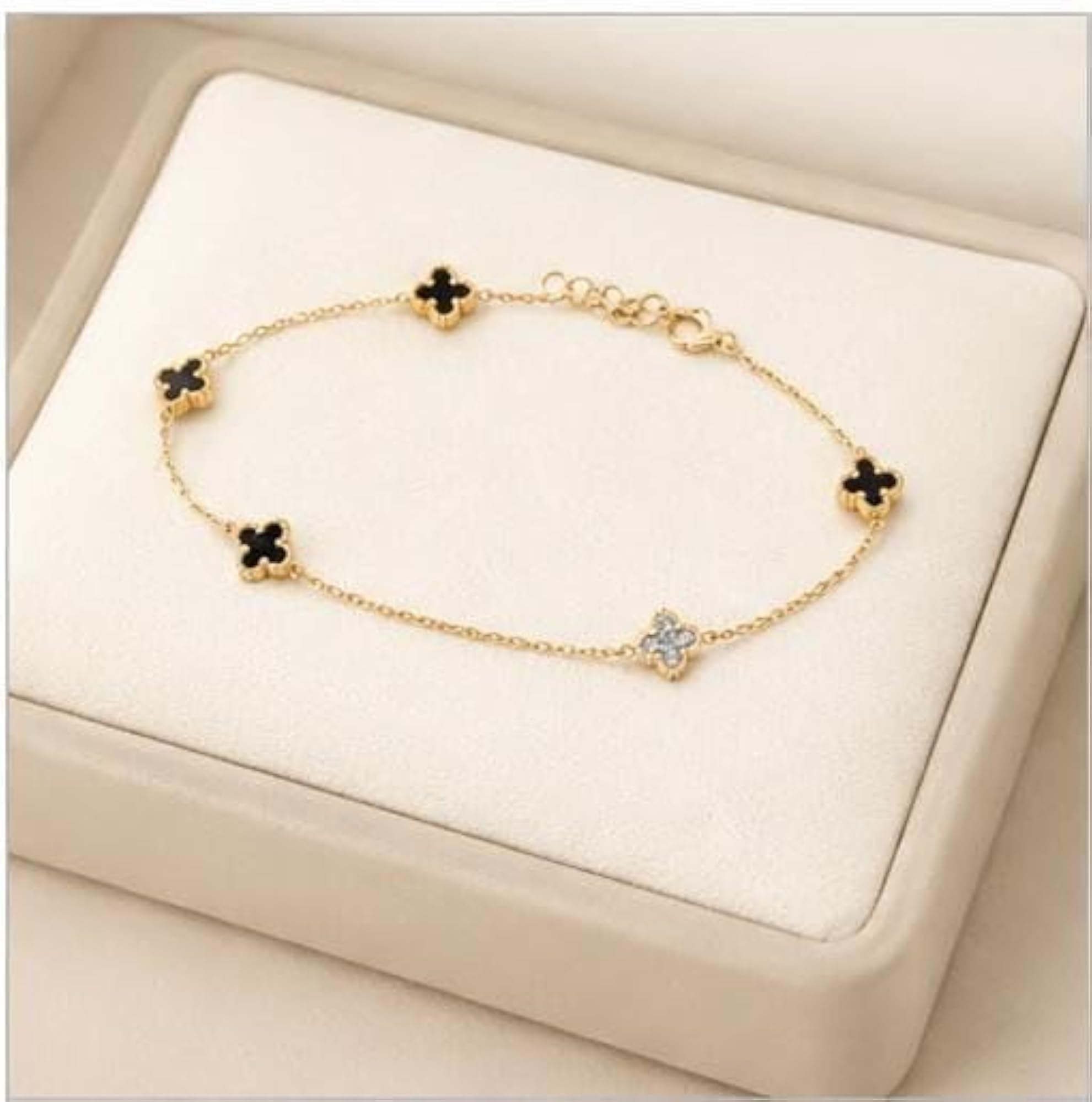 Gold-Tone Clover Charm Chain Bracelet with Black Enamel