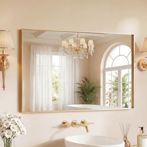 Image of Sweetcrispy Gold Bathroom Mirrors for Over Sink, 24 inch x 40 inch Rectangle | Wall Mount Mirror with Metal Frame, Modern Vanity Mirror with Tempered Glass, for Home Decor, Anti-Rust