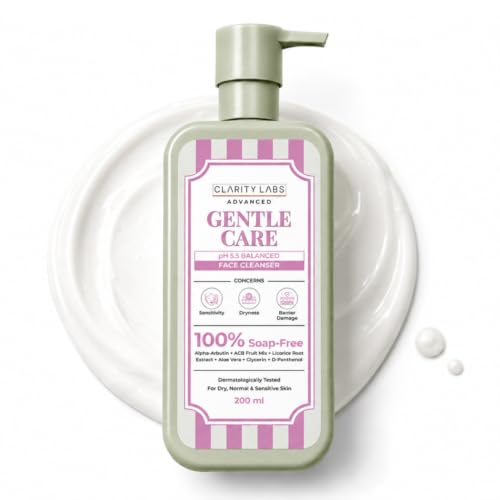 Image of Gentle Daily Face Cleanser, Soap-Free pH-Balanced Face Wash with Multi-Fruit AHA, Aloe Vera, Alpha-Arbutin, Allantoin & Panthenol | For Normal, Oily, Combination & Sensitive Skin | Sulphate Free Cleanser for Men, Women, Boys, Girls & Teens | 200ml | Clarity Labs