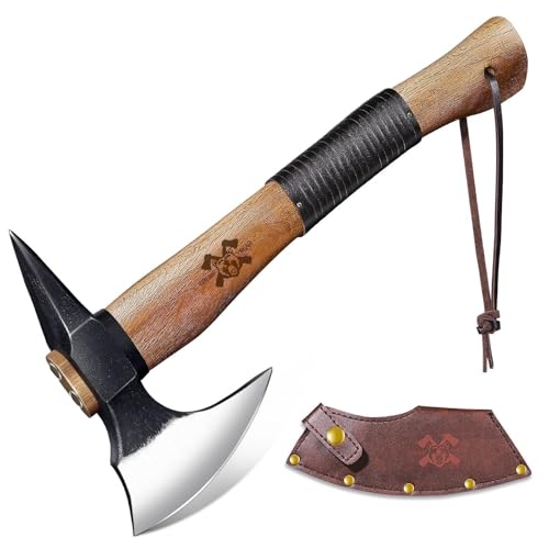 Image of Grumpy Bear 15 inch Survival Axe Camping Hatchet - Forged High Carbon Steel Hatchet with Spike Tail for Breaking Doors, Glass & Ice, Leather Handle & Lanyard, Ideal for Bushcraft & Outdoor Adventures