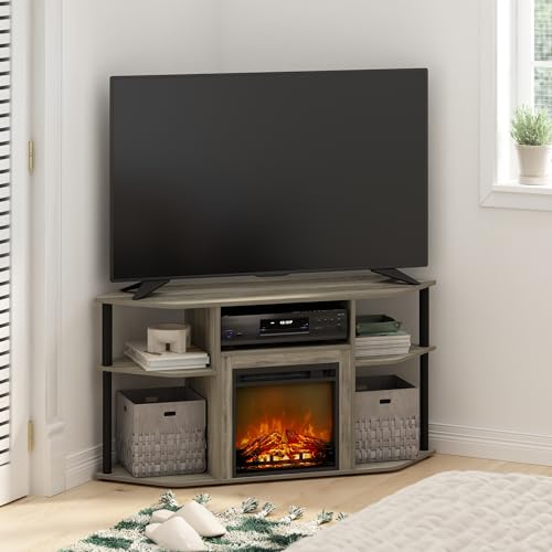 Image of Furinno Jensen Fireplace TV Stand, Corner Entertainment Center, TV Console for TV up to 55 Inch with Fireplace, Plastic Poles and Open Storage, for Living Room, Bedroom, French Oak Grey