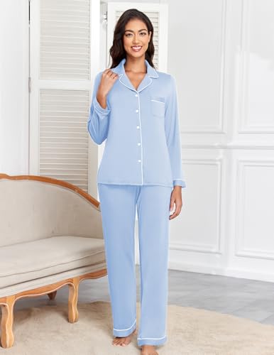 Image of Veseacky Women's Ribbed Knit Pajamas Set 2 Piece Warm Soft Loungewear Sleepwear Pjs S-XXL