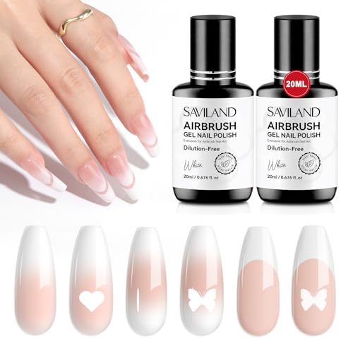 Image of SAVILAND Dilution-Free Airbrush Gel Nail Polish White 2PCS 20ml | Non-Acetone Airbrush for Nails, Hema-Free Airbrush Paint with Fine Mist, for French & Ombre Nail Art Design Salon