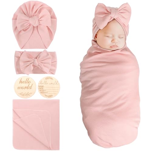 Image of DRESHOW BQUBO Baby Girl Newborn Receiving Blankets with Bow Hat Headband Wooden Birth Announcement Card Set Newborn Baby Swaddle Wrap Set Warm Shower Gift