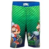 Boys Super Mario/Mario Kart Game Print Swim Shorts (Green/Blue, Size Large)