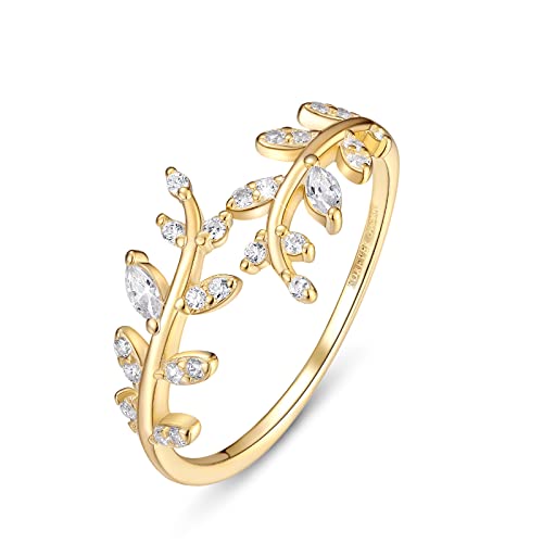 FOREVER QUEEN Damen Ringe Olivenblatt Ring Einstellbarer Offener Ring 925 Sterling Silber Ring für Frauen Hochzeit Verlobungsjubiläum (Olivenblatt Ringe - Gold)