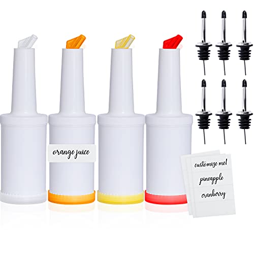 Combo pack of 4 multi color bar/juice containers (orange,red,yellow, white) plus 6 alcohol/liquor pour tops