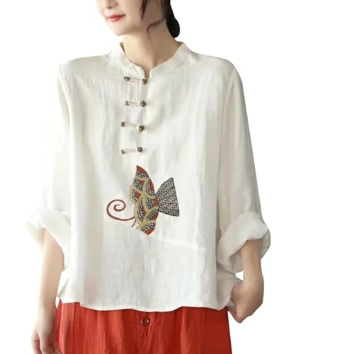 Womens Embroidery Qipao Shirts Long Sleeve Mandarin Collar Traditional Tang Suits Chinese Cheongsam Tops for Women White