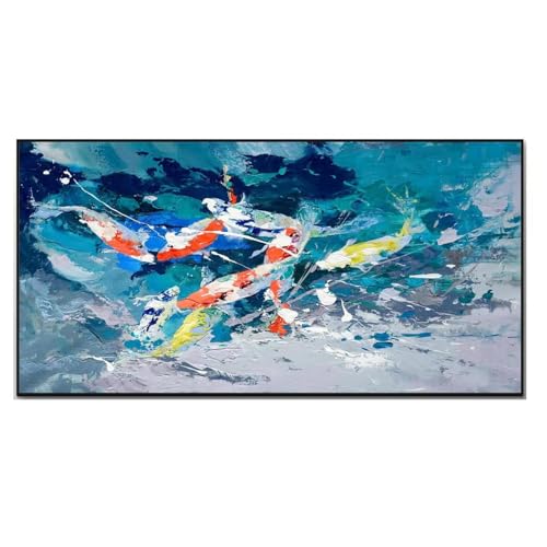 Poisson koï bleu turquoise tableau XXL encadré noir 55x110 cm