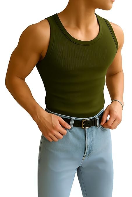 Image of R LON Men's Cotton Ribbed Regular Fit Solid Round Neck Vest | Anti Bacterial Finish, Racer Back Baniyan for Man, Comfort Man's Inner,Sando