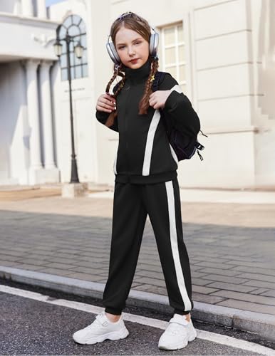 Zaclotre Girl's 2 Piece Outfits Zip Up Sweatsuit Contrast Striped Sweatshirt Sweatpant Sets Jogging Track Suit3