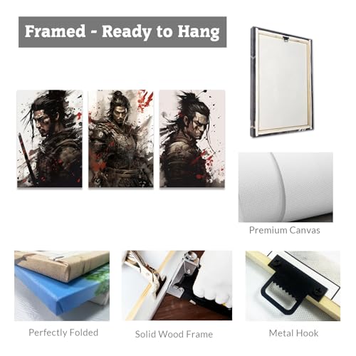 Image of CCWACPP 3 Piece Samurai Wall Art Japan Painting Canvas Print Warrior Figure Pictures Bushido Posters Japanese Culture Theme Artwork Home Room Decor Framed (A, (20 inchx28 inchx3))