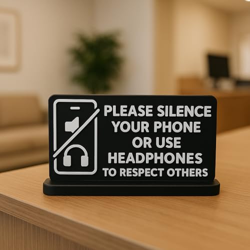 Respectful Reminder Sign – Please Silence Your Phone or Use Headphones – Professional Desk or Counter Display