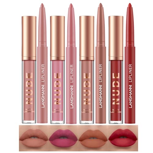 LANGMANNI 4pcs Matte Lipstick with Lipliners Durable Makeup Set,Long-Lasting Non-Stick Cup Not Fade Waterproof Pigmented Velvet Lipgloss Kit Beauty Cosmetics Makeup Gift for Girls(#9101112)