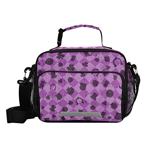 Wudan St Patrick Trèfle violet à carreaux Bento Sac à déjeuner isotherme pour filles et garçons Sac à déjeuner repas chaud ou glacière repas pique-nique école enfants Tiffin