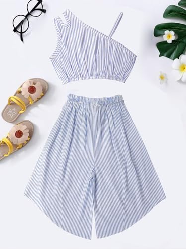 Image of A.T.U.N. (ALL THINGS UBER NICE) Girls Blue Stripe Leslie Co-ord Set | Sleeveless Top and Capri Set