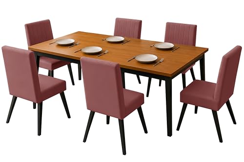 Image of Rosebell 6 Seater Dining Table Set with Cushioned Chairs | Modern Dining Table for Home, Dining Room & Kitchen | Black Metal Legs | Rose Pink