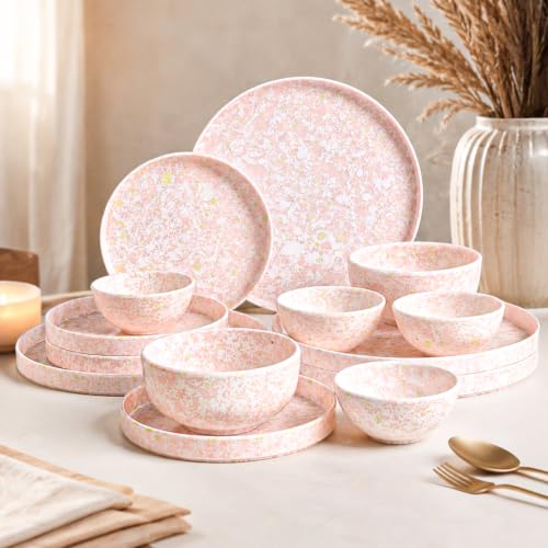 Image of MARKET 99 Minto Light Pink Stoneware Dinner Set, 14 Pieces for 4 Persons with 4 Dinner Plates, 4 Quarter Plates, 4 Soup Bowls (250ml) & 2 Serving Bowls (650ml), Glossy Tableware