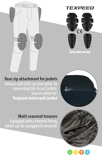 Texpeed All Black Waterproof Armoured Motorcycle/Motorbike Trousers - Huge Size Range